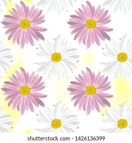 The chamomile flower. Seamless floral texture alternating white and purple daisies on abstract light yellow background, geometric pattern, vector