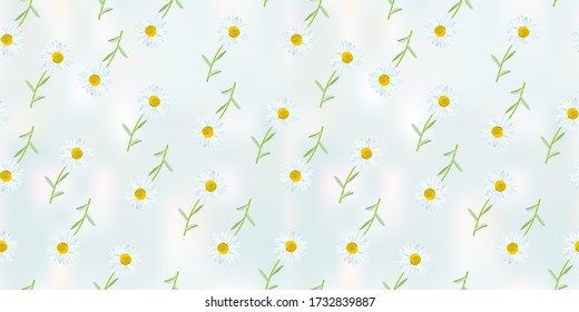 The chamomile flower. Seamless floral texture white of Daisy flower on a blue abstract background, floral pattern, vector.