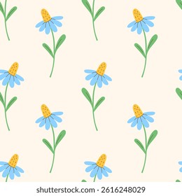 Chamomile Flower Seamless Pattern. Cute Simple Hand drawn Plant Botanical Background with creative blossoms and leaves. Herbal repeat vector illustration