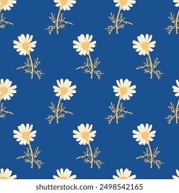 Chamomile Flower Seamless Pattern. Floral Hand Drawn Background. Vintage Style Vector Illustration