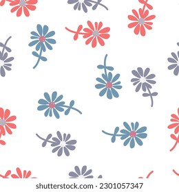 Chamomile flower seamless pattern in naive art style. Cute little daisy floral ornament wallpaper. Simple design for fabric, textile print, wrapping, cover. Vector illustration