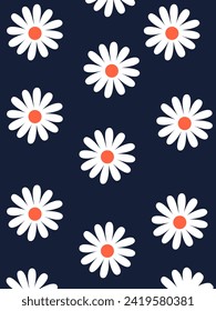 Chamomile Flower Seamless Pattern on Dark Blue Background - Vector Illustration