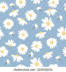 The chamomile flower. Silhouettes of white daisies for textiles. Seamless floral texture white of Daisy flower on blue background, EPS 8, vector.