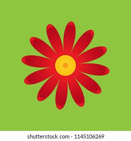 The chamomile flower. Single flower red daisies made of simple geometric shapes on a green background, icon, vector