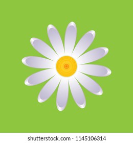 The chamomile flower. Single flower white daisies made of simple geometric shapes on a green background, icon, vector