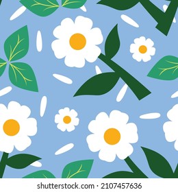 Chamomile Flower, Tea Leaves, And Scattered Petals In Jordy Blue Background Seamless Pattern