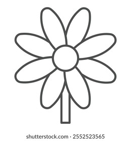 Icono de línea delgada de flor de manzanilla, concepto de naturaleza. Gráficos de Vector. Signo de la planta de flor salvaje en el fondo blanco, icono del estilo del contorno para el móvil o el Diseño web