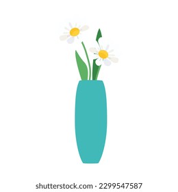 Chamomile flower in vase isolated on white background. Colored vase with blooming flowers for decoration and interior. Vector illustration