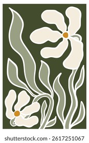 chamomile flower wall decor framed Minimal Art Print Hand drawn leaves shapes matisse style, naive art, contemporary background. plant vector illustration