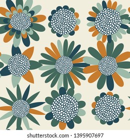 Chamomile flowers background. Vector seamless pattern with stylized daisies or chamomiles in retro scandinavian style with hand drawn elements.
