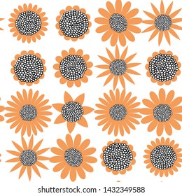 Chamomile flowers background. Vector seamless pattern with stylized daisies or chamomiles in retro scandinavian style with hand drawn elements.