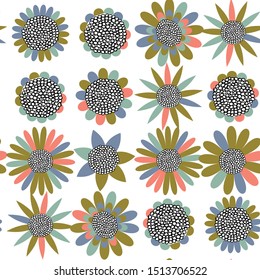 Chamomile flowers background. Vector seamless pattern with stylized daisies or chamomiles in retro scandinavian style with hand drawn elements.