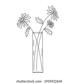 Chamomile flowers in a cylindrical glass vase. Line sketch, vector. Black and white image, clipart.
