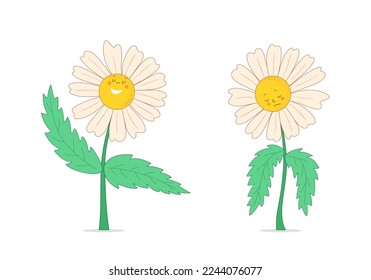 Chamomile flowers depicting the emotions of joy and sadness. Set of happy and sad icons. Vector cartoon illustration on white isolated background.