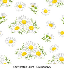 Chamomile flowers with green leaves on a white background seamless pattern. Vector floral illustration of daisy in cartoon simple flat style.