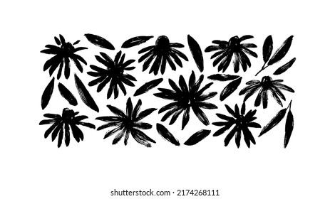 Colección vectorial dibujada a mano con flores de camomila. Hojas y brotes pintadas a mano con un cepillo. Tinta que dibuja plantas silvestres, siluetas de flores de prado. Esbozo botánico. Los crisantemos aislaron a los clítoros.