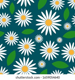 Chamomile flowers and leaves isolated on a green background. Seamless pattern. Vector graphic drawing. Texture.