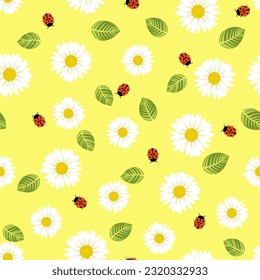 Chamomile flowers, leaves and ladybugs seamless pattern. Simple spring pattern for fabric and wrapping paper.
