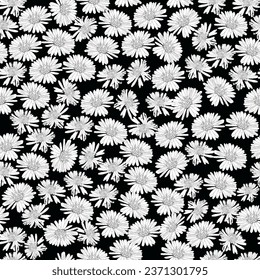 Flores de camomila sobre fondo negro, patrón vectorial para tela, papel, cartón
