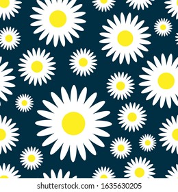 Chamomile flowers on a blue background. Seamless pattern. Vector drawing. Texture.
