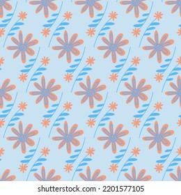 Chamomile flowers on blue background seamless pattern for textile and packaging design