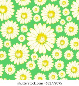 Chamomile flowers on a green background seamless patter.  All over print.