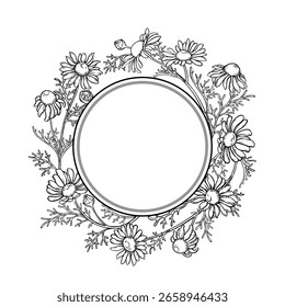 Chamomile Flowers Outline Round Frame. 
