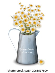 Chamomile flowers in a pot vase Vector. Spring background. Realistic 3d illustrations