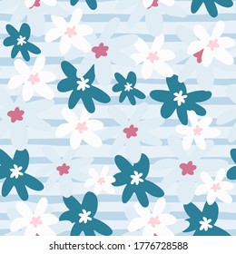 Flores de camomila sin fisuras de doodle. Fondo azul pastel con tiras y margarita en colores azul y blanco. Pequeños elementos. Ilustración vectorial para textiles, tapicería, invitaciones a bodas.