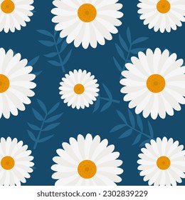 Chamomile flowers seamless pattern. Daisy flowers and leaves endless texture. Gentle floral background vector illustration