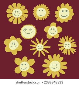 chamomile flowers with smiling faces. Kind flowers isolated on dark background. Different faces and emotions. Vector illustration