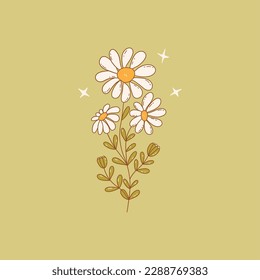 Chamomile flowers. Sprig with three blooming daisies and two buds. Colorful vector doodle style illustration hand drawn. Single floral element with contour. Green background