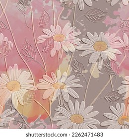 Kamille Blumen strukturierte 3D-nahtlose Muster. Blumengeprägtes Wasser, rosafarbener Hintergrund. Grunge schmutzige, moderne Kulisse. Blumen der Linie, Blätter. Abstrakte, handgezeichnete Kamillenverzierungen. 
