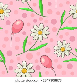 Chamomile flowers with white petals and a yellow core, stems and petals and pink balloons on a light pink background with pink highlights. Seamless pattern. Print on fabric. Label. Vector illustration