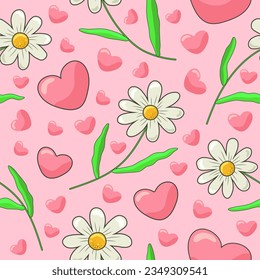 Chamomile flowers with white petals and a yellow core with stems and petals and pink hearts on a light pink background. Seamless pattern. Print on fabric. Packaging and label. Vector illustration.