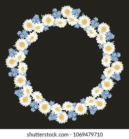 Chamomile and forget me-not-pattern on black background. Daisy chain. Round frame for your text or photo. Vector illustration.