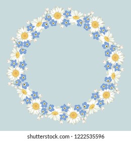 Chamomile and forget me-not-pattern on blue background. Daisy chain. Round frame for your text or photo. Vector illustration.