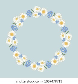 Chamomile and forget-me-not pattern on vintage blue background. Daisy chain. Round frame for your text or photo. Vector illustration.