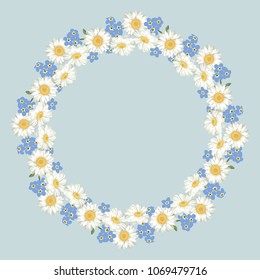 Chamomile and forget-me-not pattern on vintage blue background. Daisy chain. Round frame for your text or photo. Vector illustration.