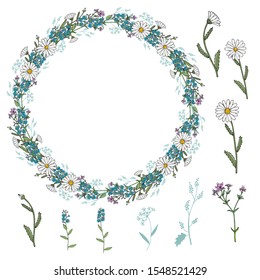 Chamomile and forget-me-not pattern on white background. Round frame for your text or photo. Сircle of daisies and forget-me-nots. Vector illustration.