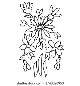 Chamomile, forget-me-nots, freehand drawing black line on white background, coloring for children, print for coloring book, use for coloring with watercolors, gouache, markers or colored pencils