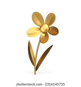 Chamomile golden metallic flower curved stem fashion decor element 3d icon realistic vector illustration. Floristic composition botanical blossom meadow floral plant beauty luxury decorative design