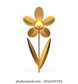 Chamomile golden plant with bud and stem leaves premium metallic design 3d icon realistic vector illustration. Flower luxury herbal botanical blossom floristic fashion composition decor element