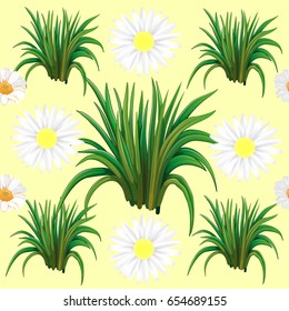 Chamomile and green grass on yellow background Vector Seamless Pattern.