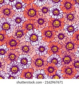 Chamomile hand draw flowers and petals line art seamless pattern. Summer flowers pattern. Monochrome seamless vector chamomile flowers pattern. Vector seamless line art pattern.