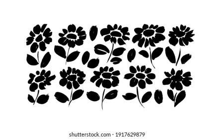 Chamomile hand drawn black paint vector set. Ink drawing flowers and plants, monochrome artistic botanical illustration. Isolated floral elements, daisy, aster, chrysanthemum. Brush strokes silhouette