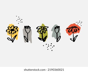 Chamomile hand drawn black paint vector set. Ink drawing flowers and leaves, monochrome artistic botanical illustration. Isolated floral elements, daisy, tulip. Brush strokes silhouette