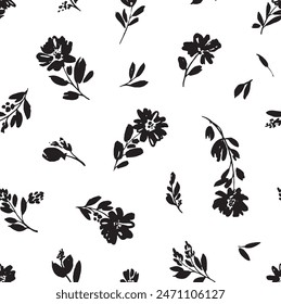 Chamomile hand drawn black paint vector set. Ink drawing flowers and leaves, small branches. Monochrome artistic botanical clip arts. Daisy, aster, chrysanthemum. Flower silhouettes painted with brush