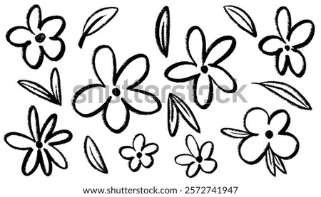 Chamomile hand drawn black paint vector set. Kids crayon flowers and plants, botanical  line illustration. Doodle floral elements, daisy, aster, chrysanthemum. Pencil childish drawings