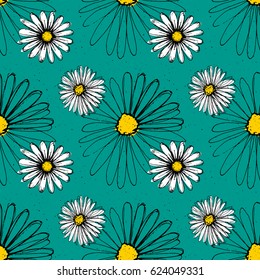 Chamomile hand drawn ink flowers made with pen. Modern fresh pattern with white flowers on turquoise background.